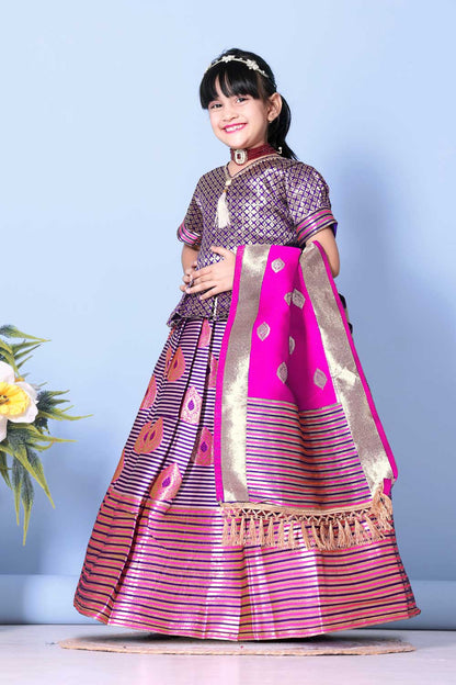 Girls Printed Striped Lehenga Choli and Dupatta Set