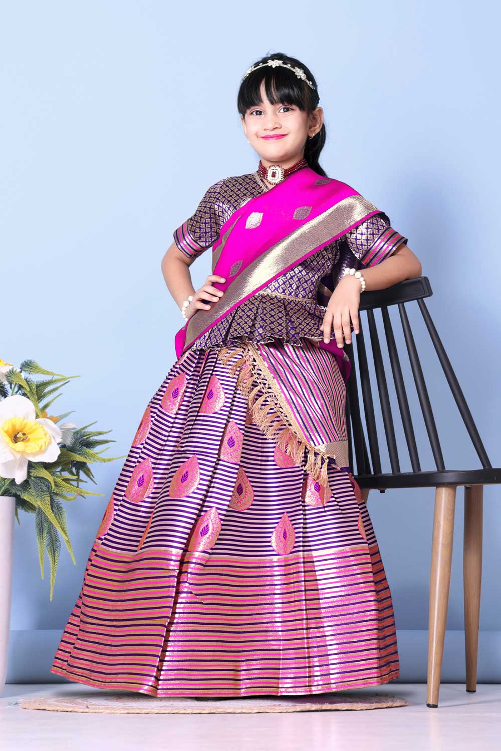 Girls Printed Striped Lehenga Choli and Dupatta Set