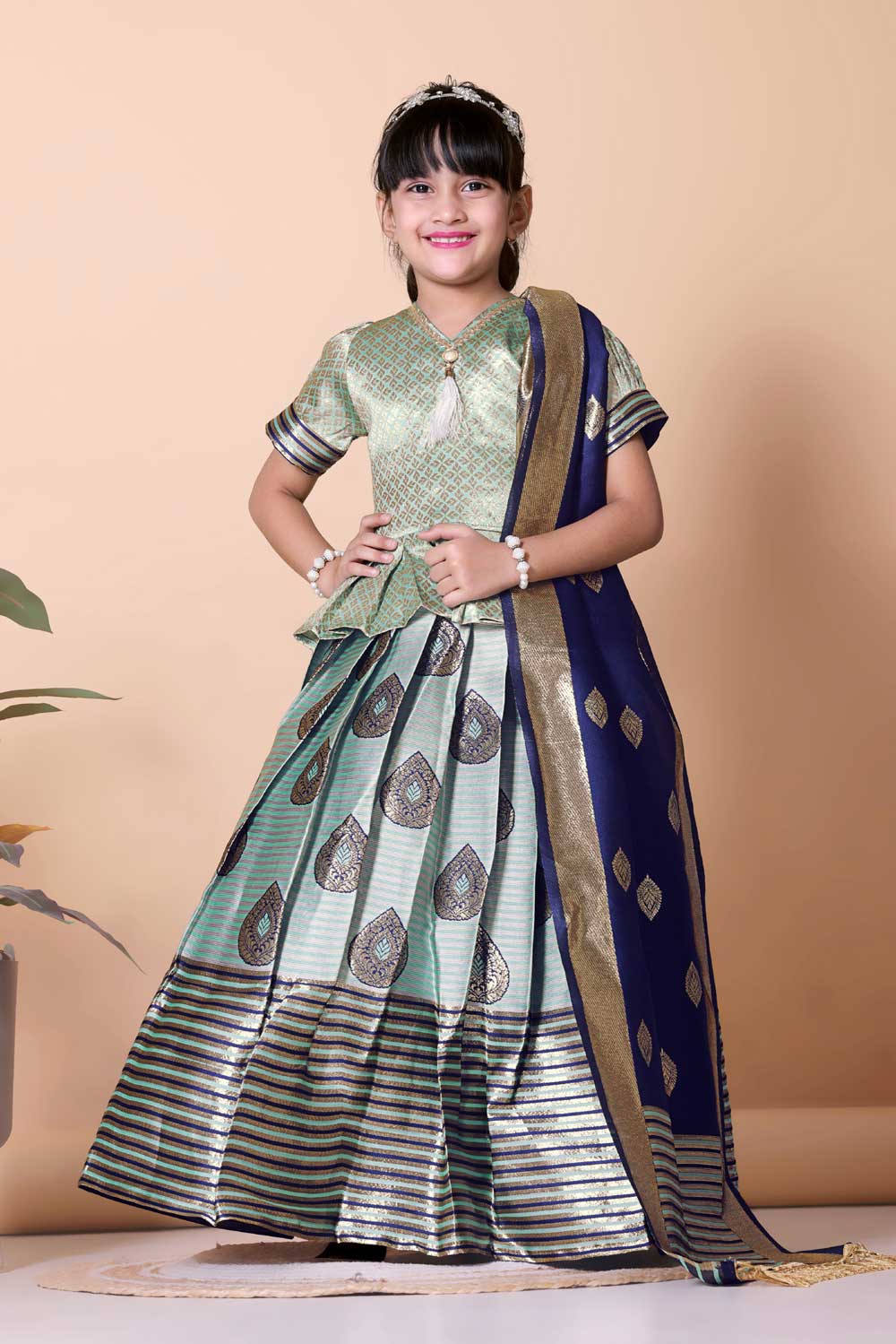 Girls Printed Striped Lehenga Choli and Dupatta Set