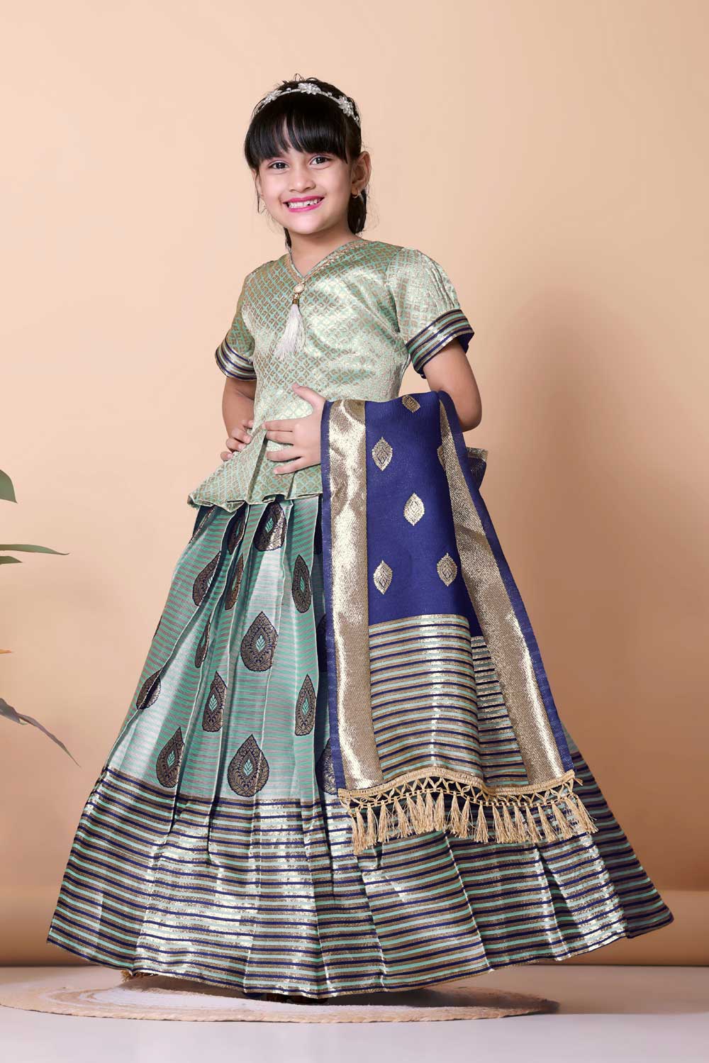 Girls Printed Striped Lehenga Choli and Dupatta Set
