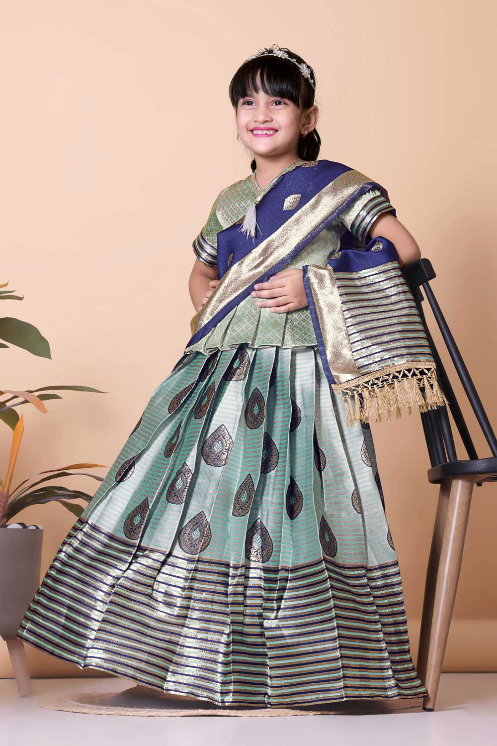 Girls Printed Striped Lehenga Choli and Dupatta Set