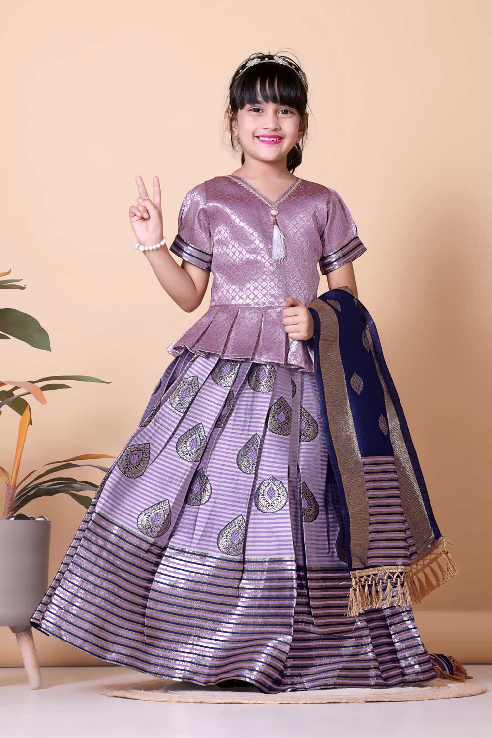 Girls Printed Striped Lehenga Choli and Dupatta Set