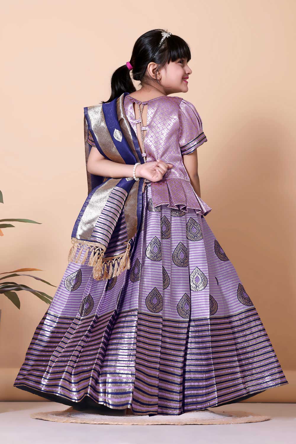 Girls Printed Striped Lehenga Choli and Dupatta Set