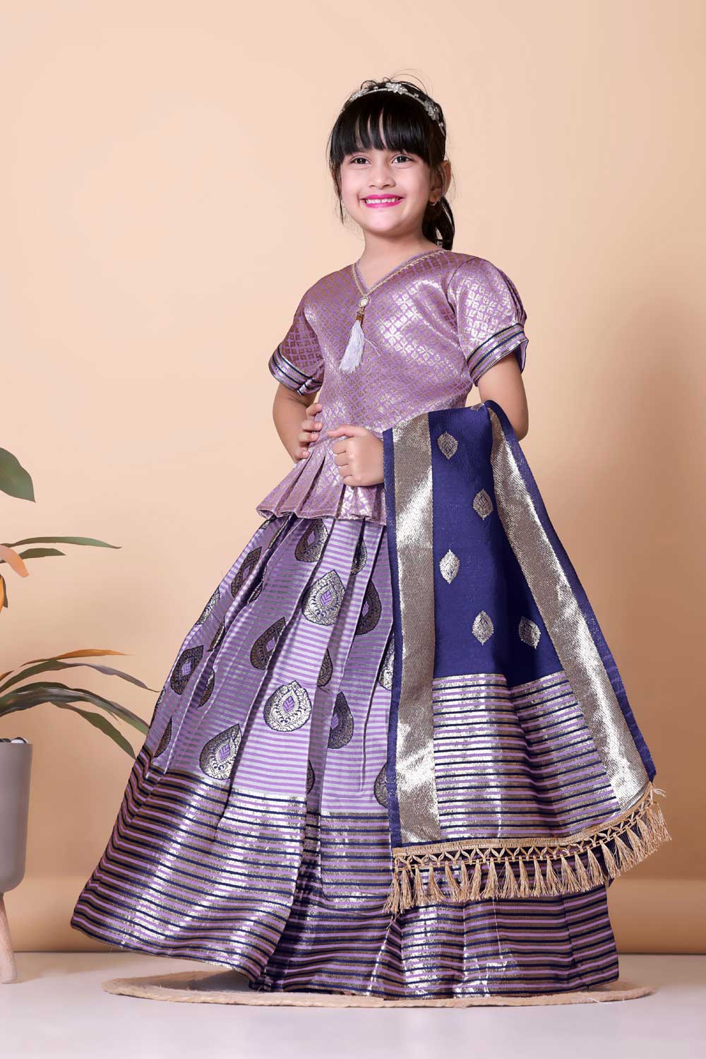 Girls Printed Striped Lehenga Choli and Dupatta Set