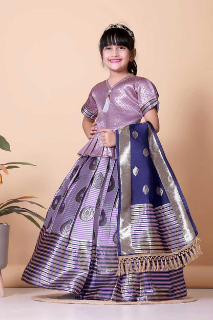 Girls Printed Striped Lehenga Choli and Dupatta Set