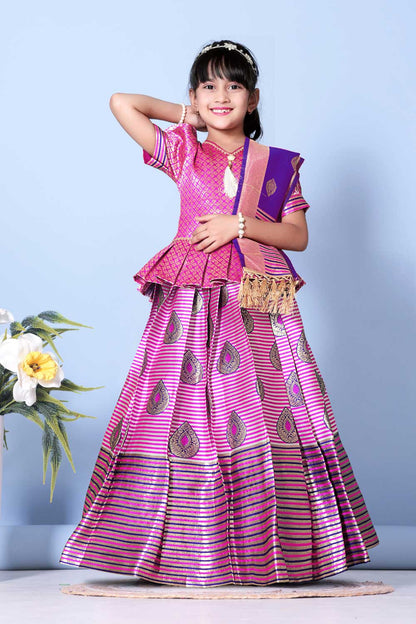 Girls Printed Striped Lehenga Choli and Dupatta Set