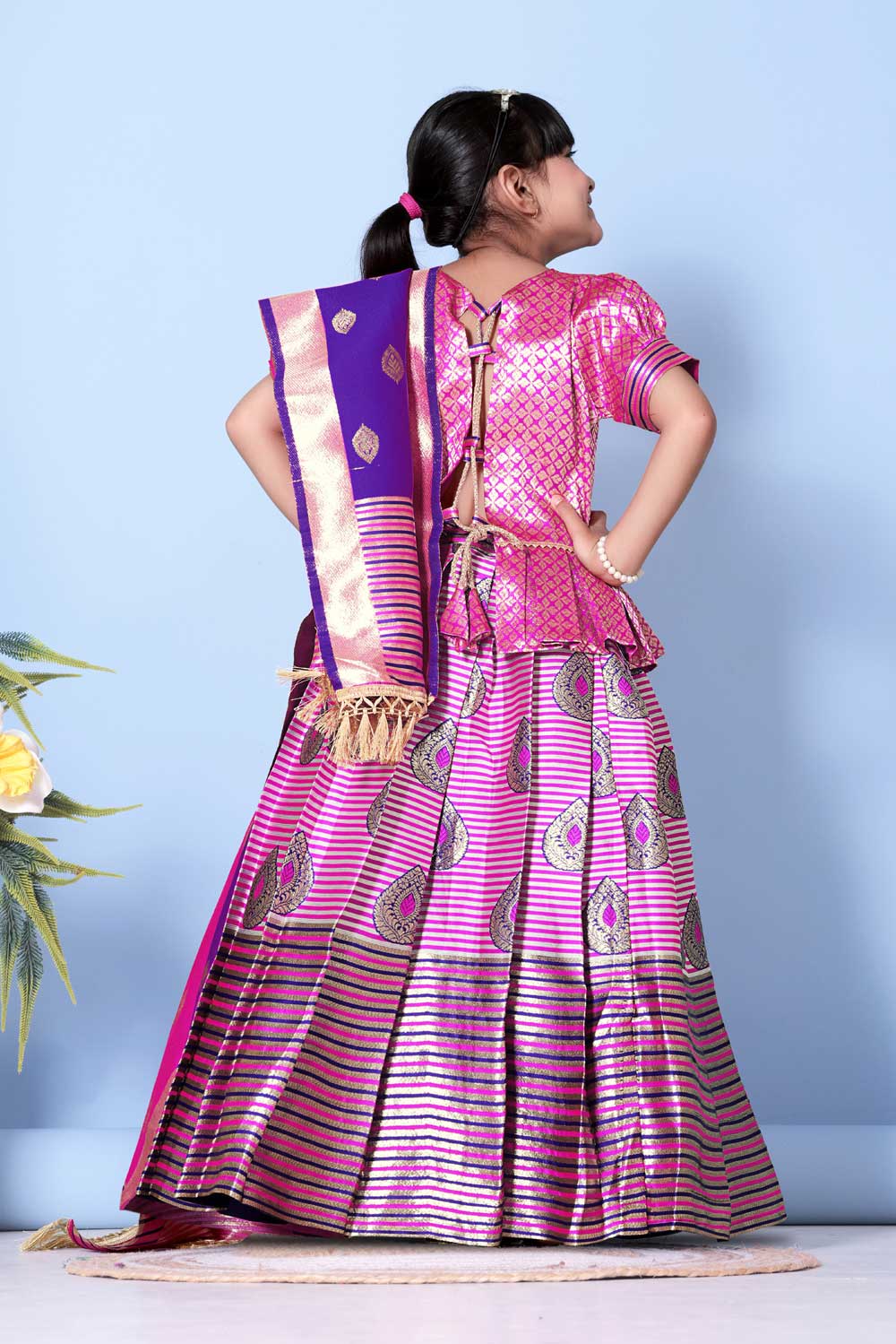 Girls Printed Striped Lehenga Choli and Dupatta Set