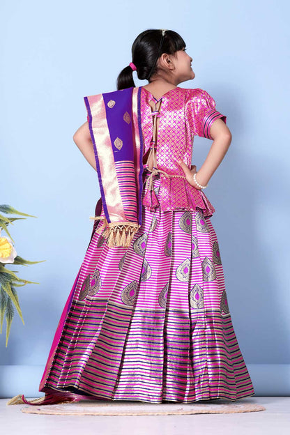 Girls Printed Striped Lehenga Choli and Dupatta Set