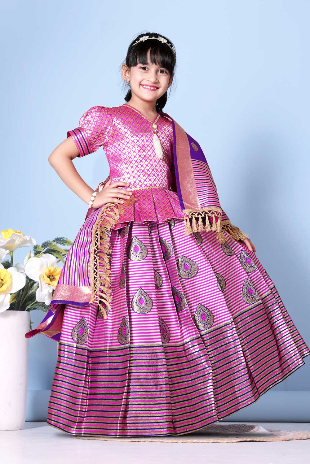 Girls Printed Striped Lehenga Choli and Dupatta Set