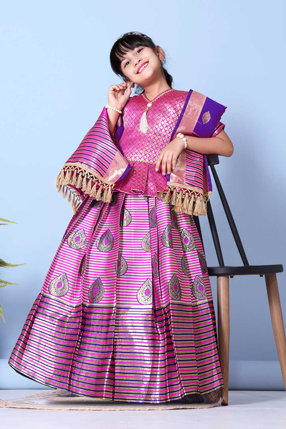 Girls Printed Striped Lehenga Choli and Dupatta Set