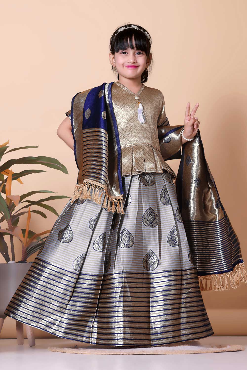 Girls Printed Striped Lehenga Choli and Dupatta Set