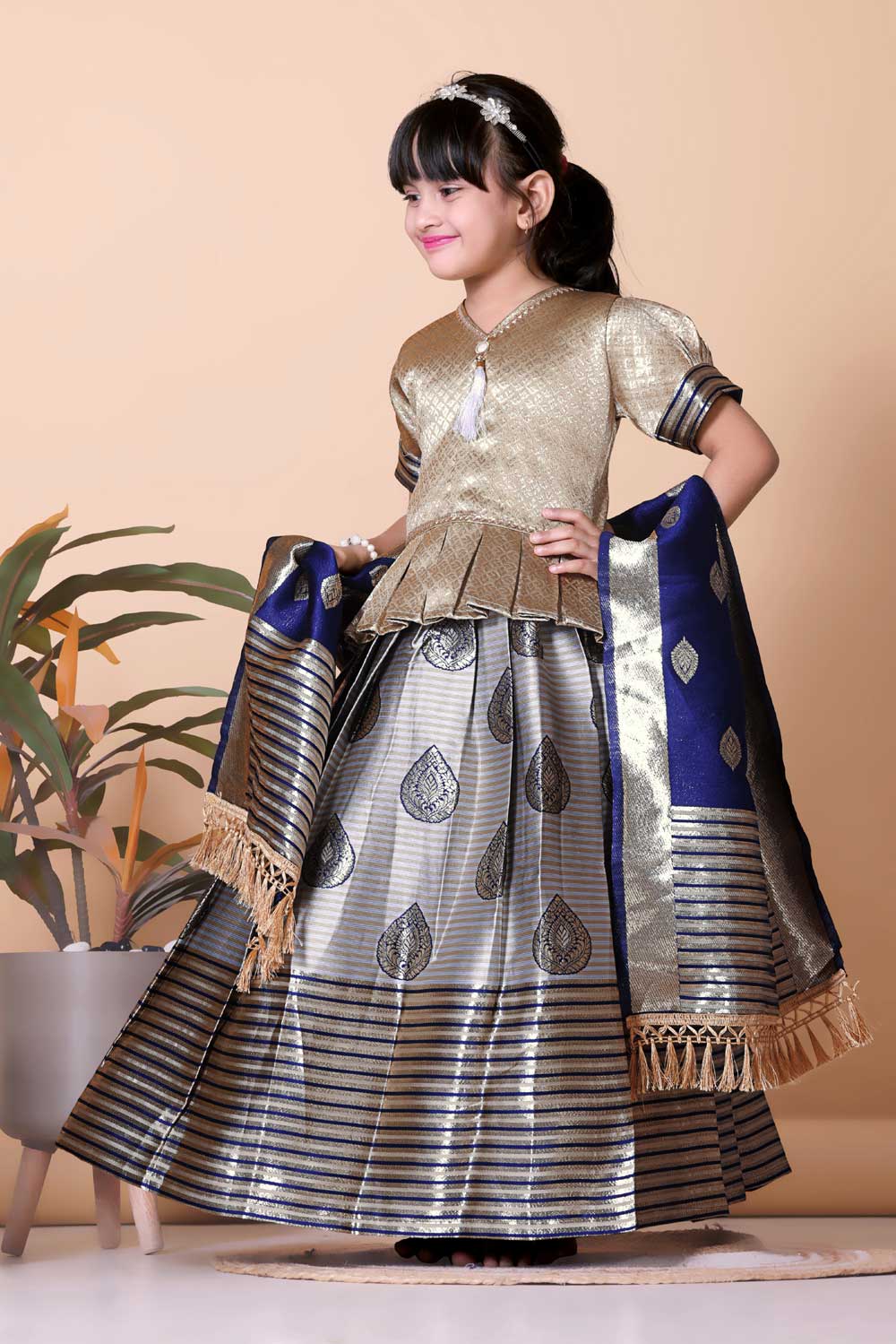 Girls Printed Striped Lehenga Choli and Dupatta Set