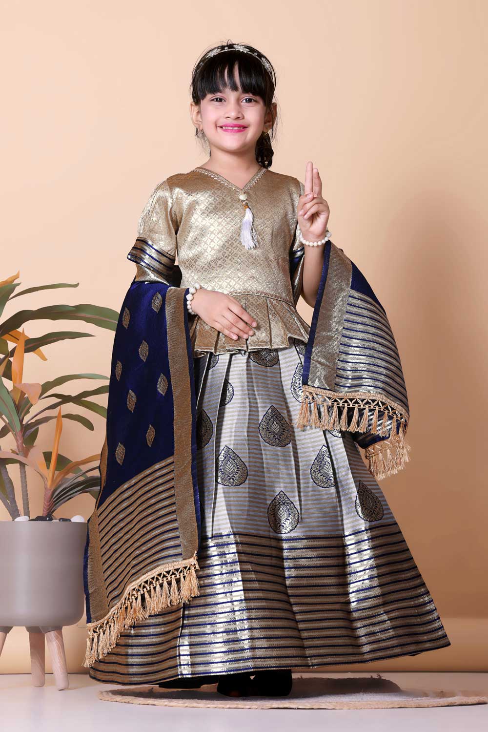 Girls Printed Striped Lehenga Choli and Dupatta Set