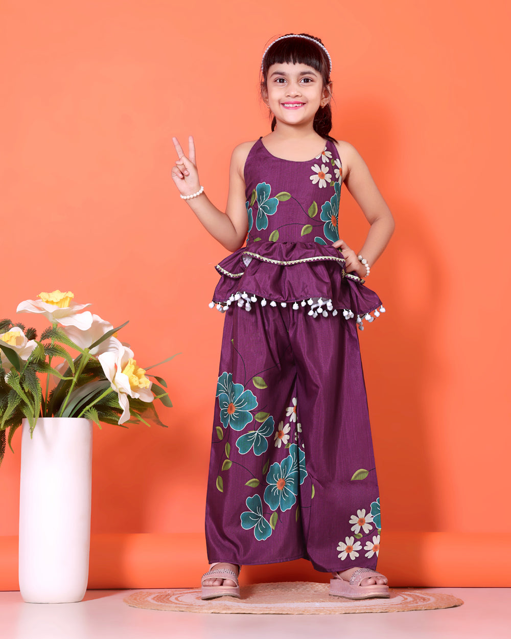 Girls Peplum Kurta Palazzo Set with Floral Print