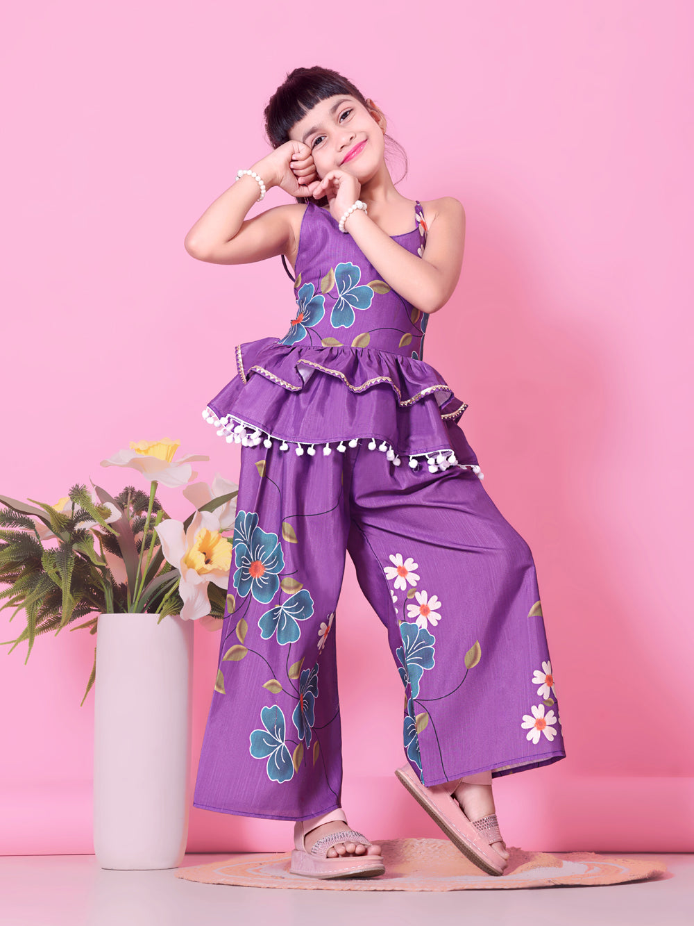 Girls Peplum Kurta Palazzo Set with Floral Print