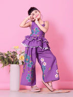 Girls Peplum Kurta Palazzo Set with Floral Print