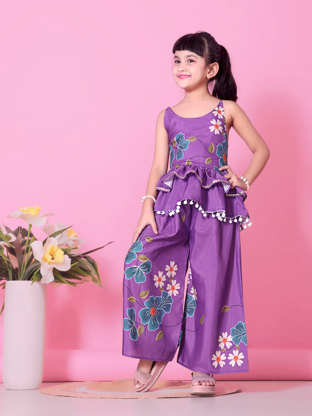 Girls Peplum Kurta Palazzo Set with Floral Print