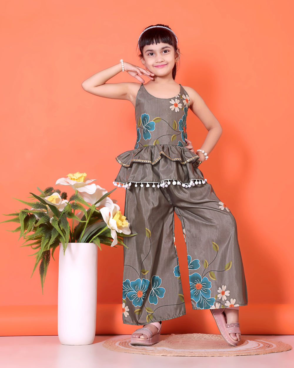 Girls Peplum Kurta Palazzo Set with Floral Print