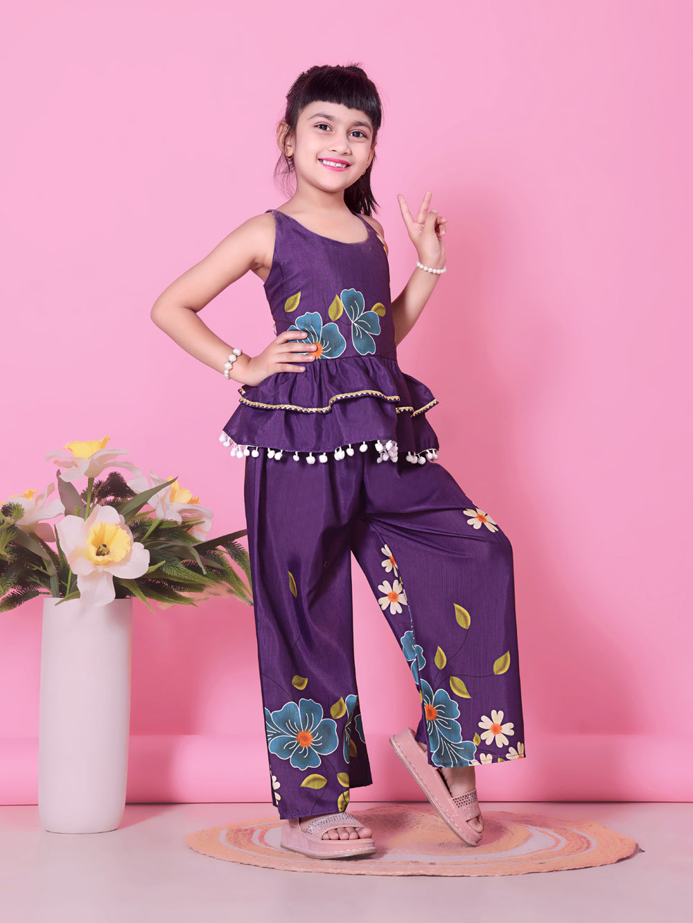 Girls Peplum Kurta Palazzo Set with Floral Print