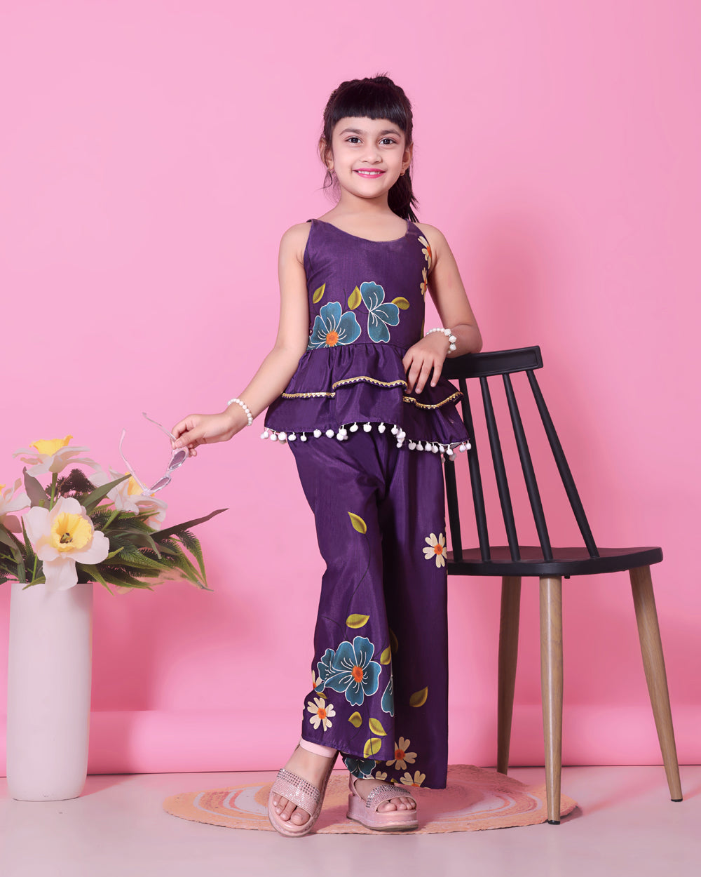 Girls Peplum Kurta Palazzo Set with Floral Print