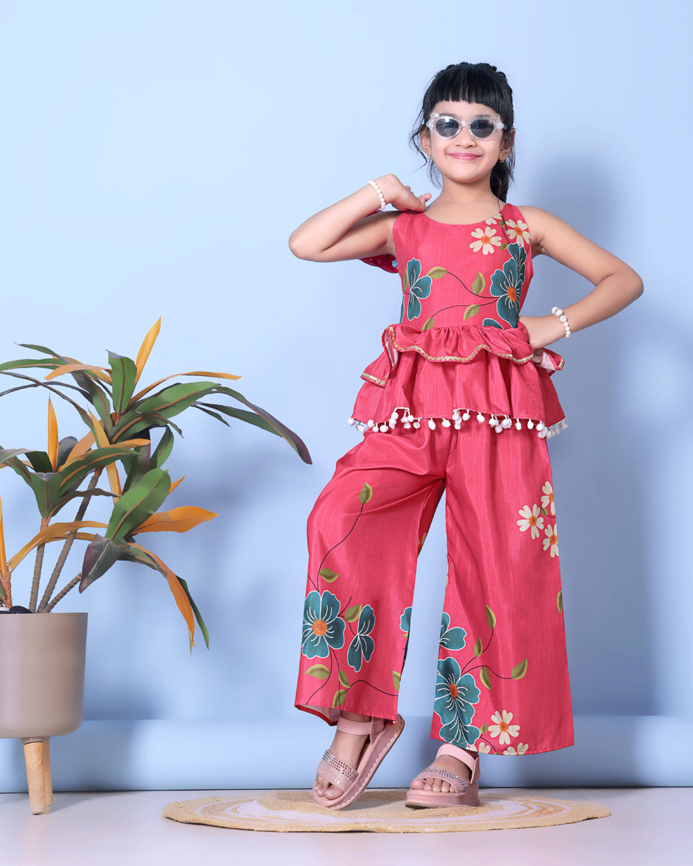 Girls Peplum Kurta Palazzo Set with Floral Print