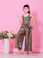 Girls Peplum Kurta Palazzo Set with Floral Print