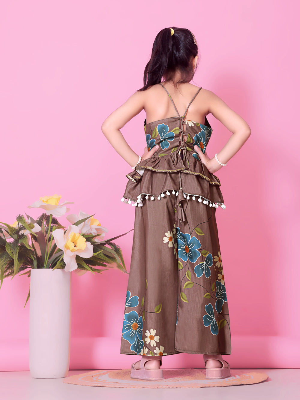 Girls Peplum Kurta Palazzo Set with Floral Print