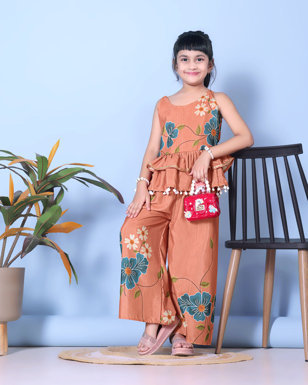 Girls Peplum Kurta Palazzo Set with Floral Print