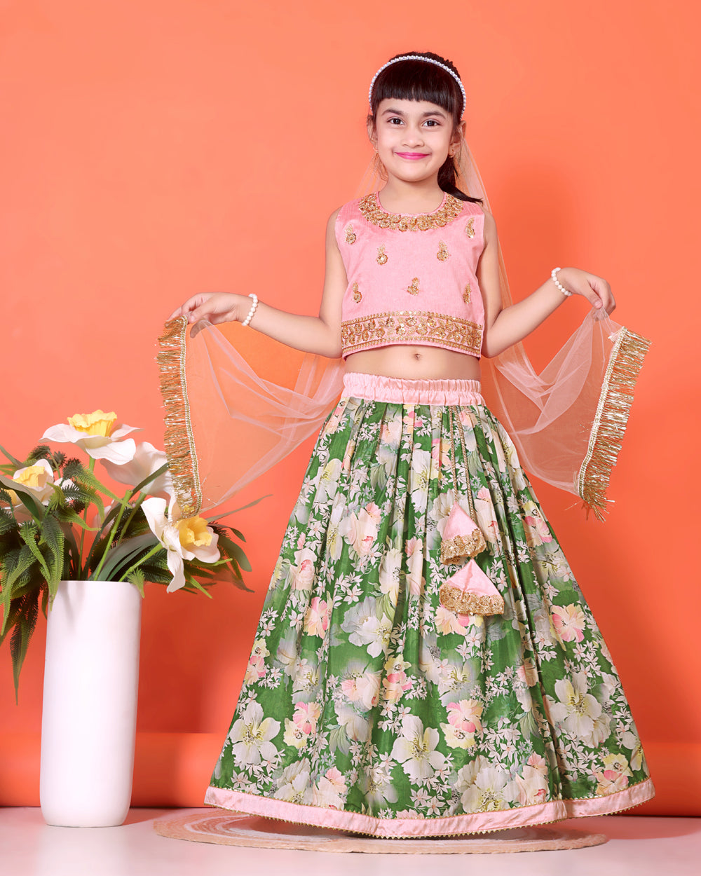 Floral Print Lehenga, Choli and Dupatta Set for Girls