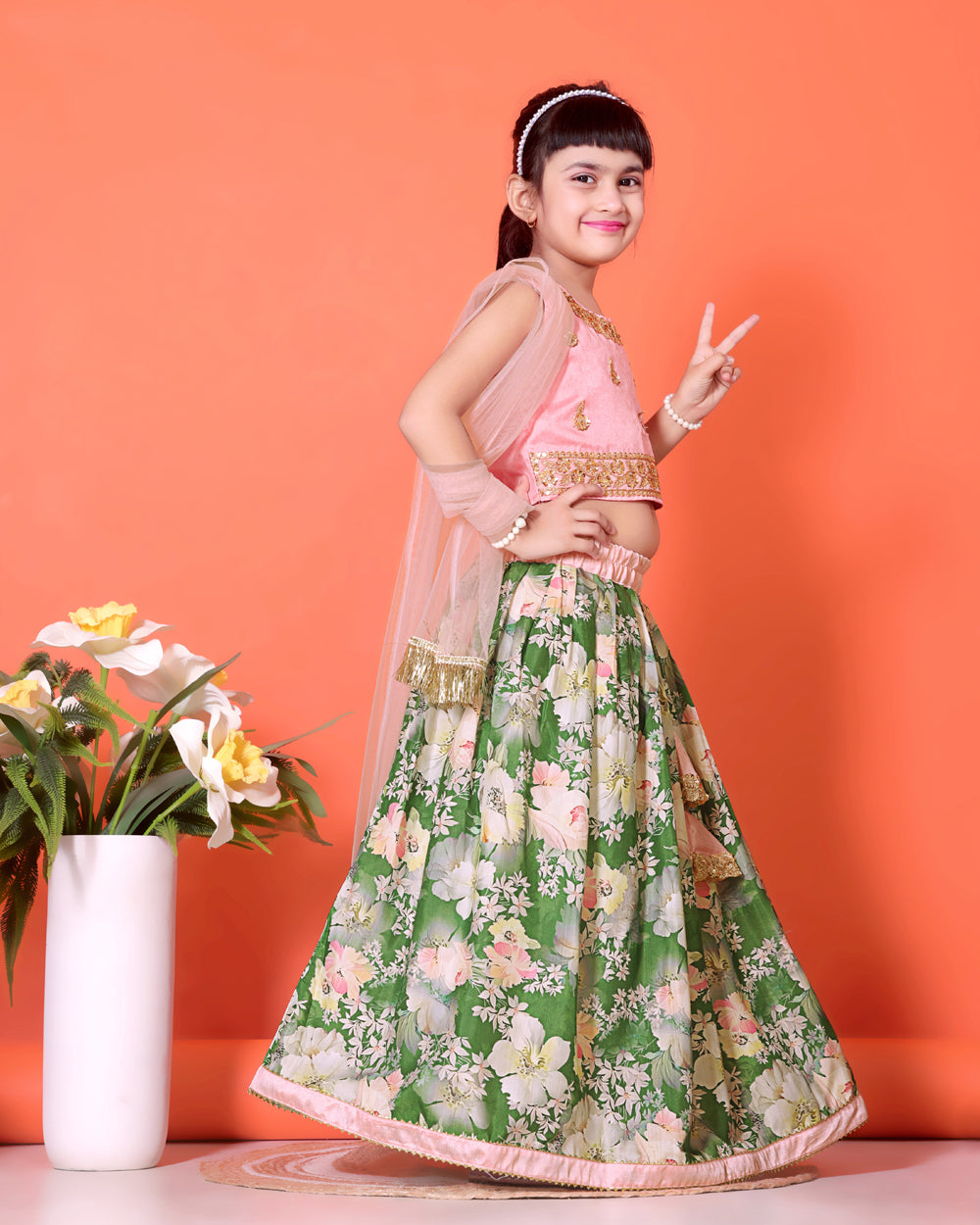 Floral Print Lehenga, Choli and Dupatta Set for Girls