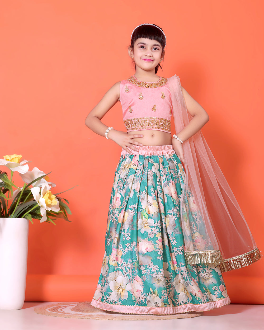 Floral Print Lehenga, Choli and Dupatta Set for Girls