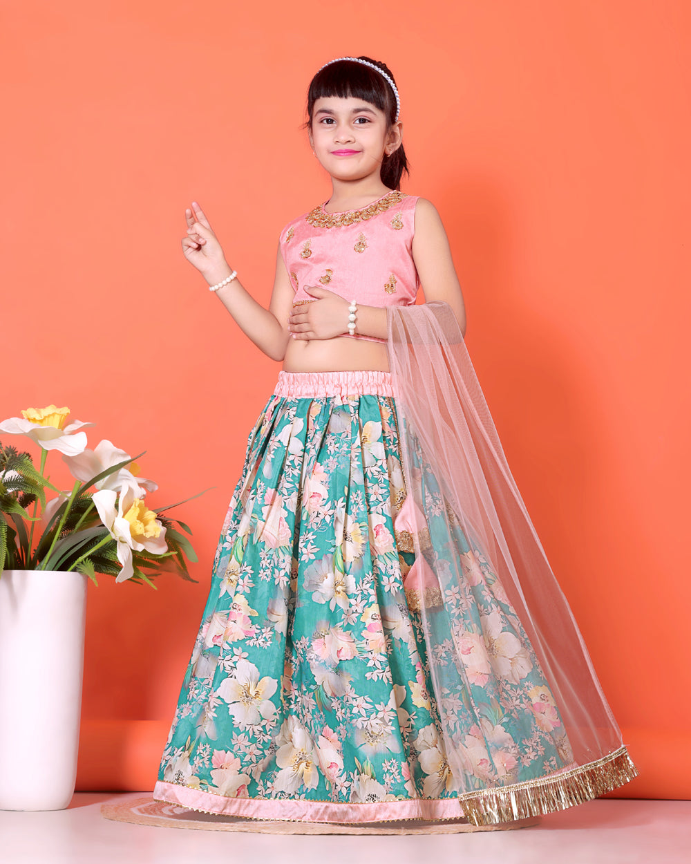 Floral Print Lehenga, Choli and Dupatta Set for Girls