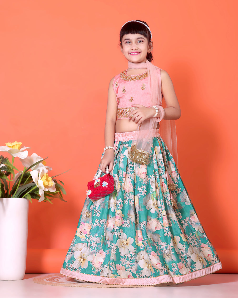 Floral Print Lehenga, Choli and Dupatta Set for Girls