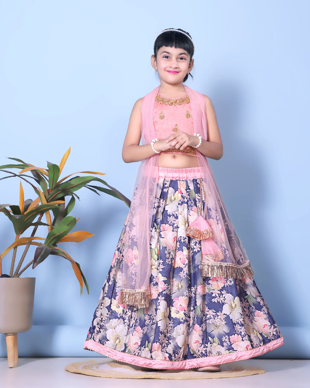 Floral Print Lehenga, Choli and Dupatta Set for Girls