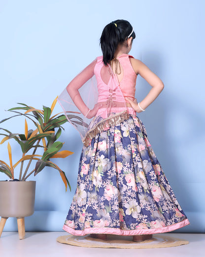 Floral Print Lehenga, Choli and Dupatta Set for Girls