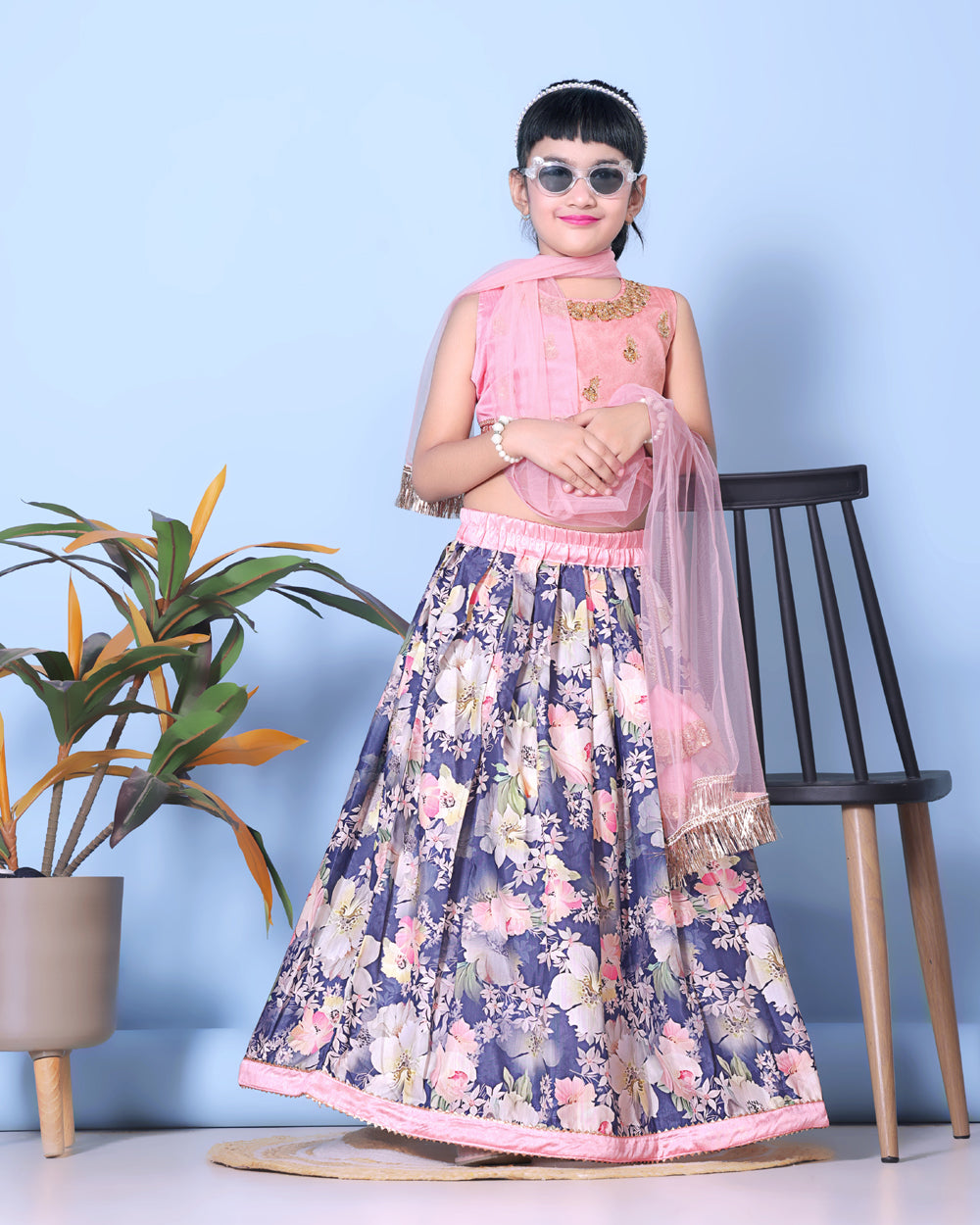 Floral Print Lehenga, Choli and Dupatta Set for Girls