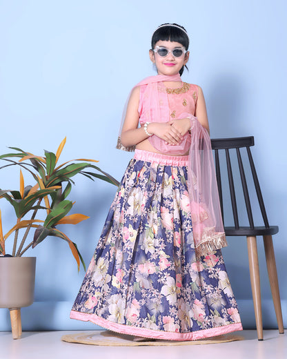 Floral Print Lehenga, Choli and Dupatta Set for Girls