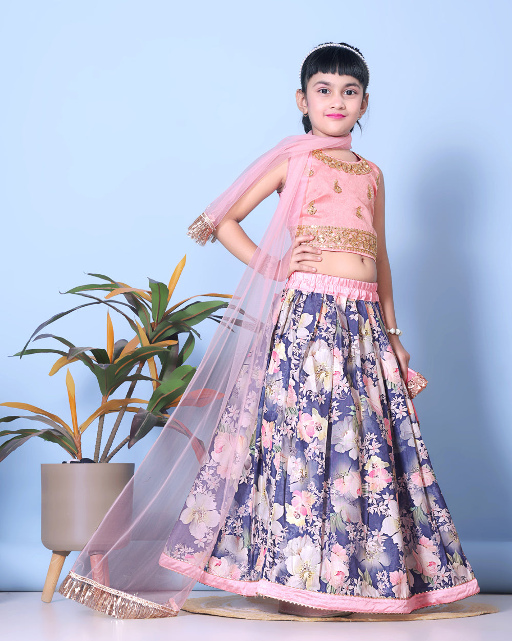 Floral Print Lehenga, Choli and Dupatta Set for Girls