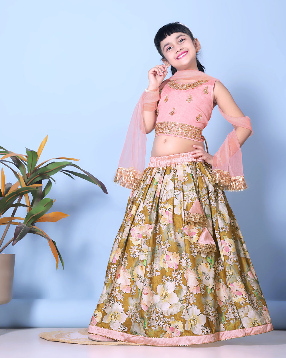 Floral Print Lehenga, Choli and Dupatta Set for Girls
