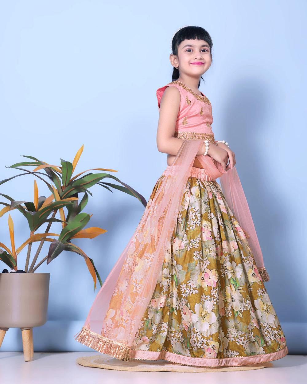 Floral Print Lehenga, Choli and Dupatta Set for Girls
