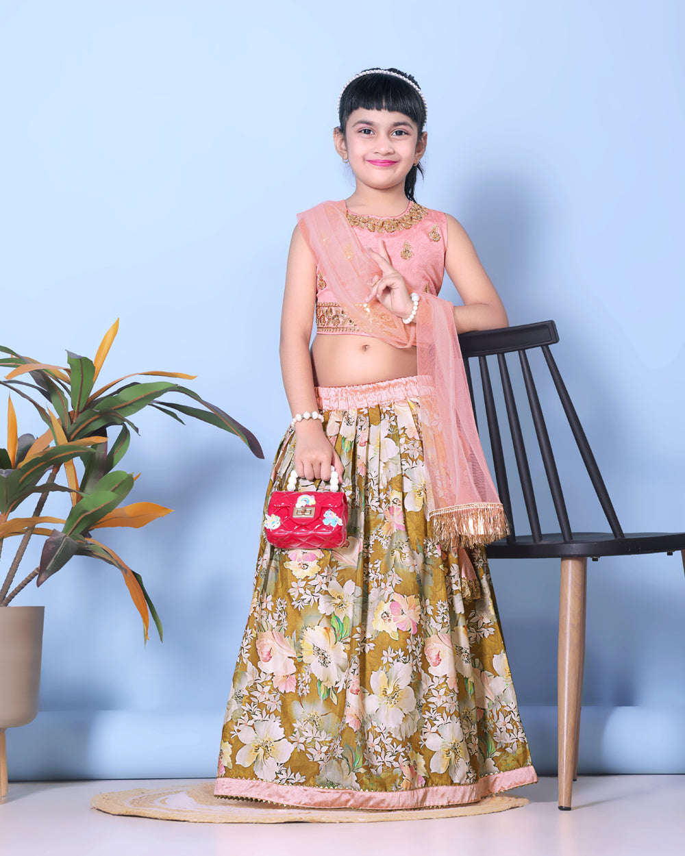 Floral Print Lehenga, Choli and Dupatta Set for Girls