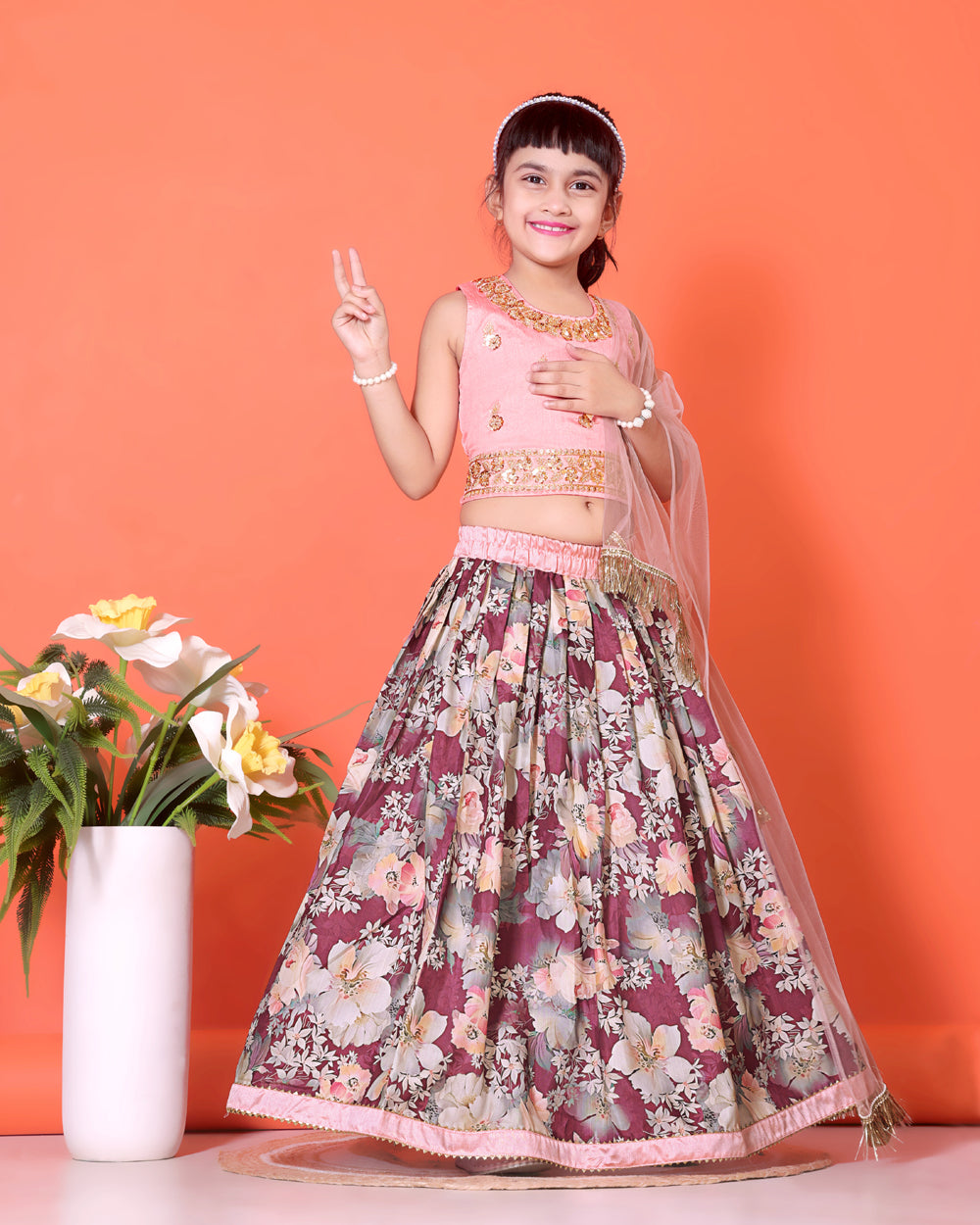Floral Print Lehenga, Choli and Dupatta Set for Girls