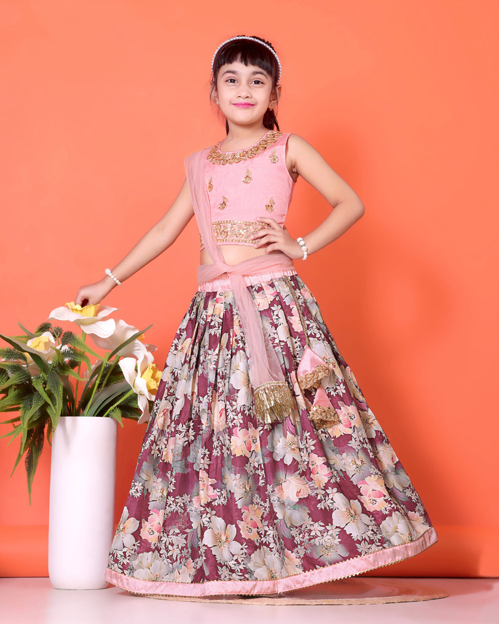 Floral Print Lehenga, Choli and Dupatta Set for Girls