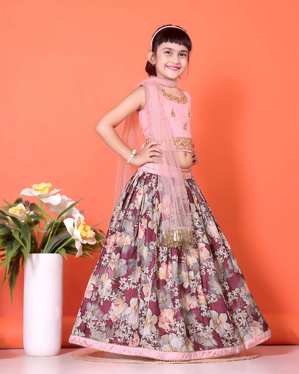 Floral Print Lehenga, Choli and Dupatta Set for Girls