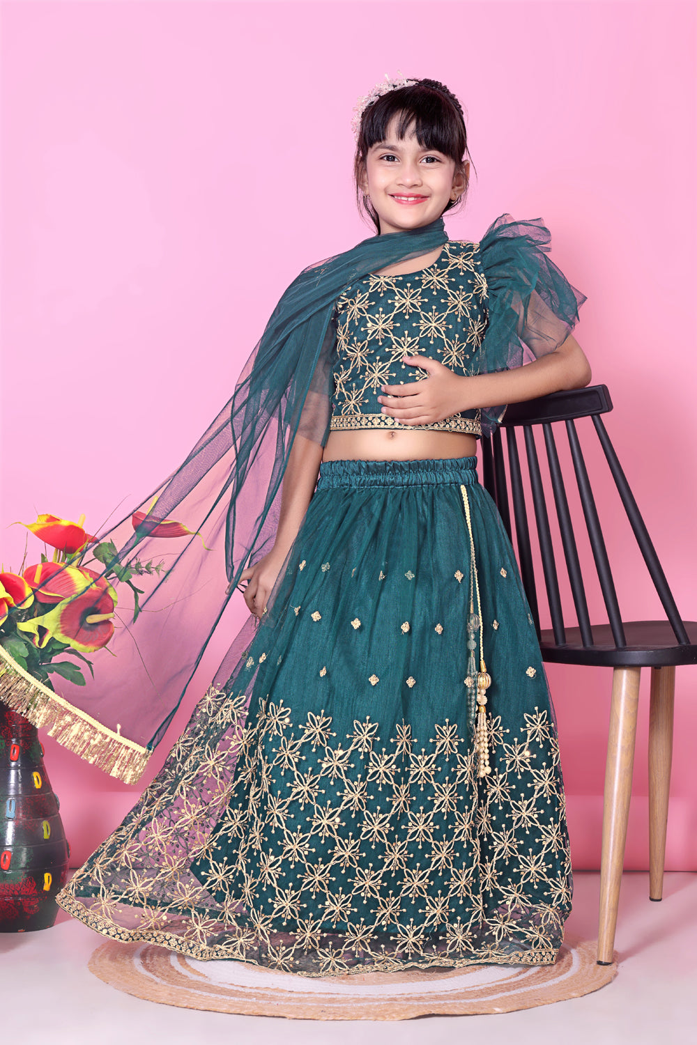 Girls Net Lehenga Choli Embroidered Party Wear Ethnic Dress Kids Wedding