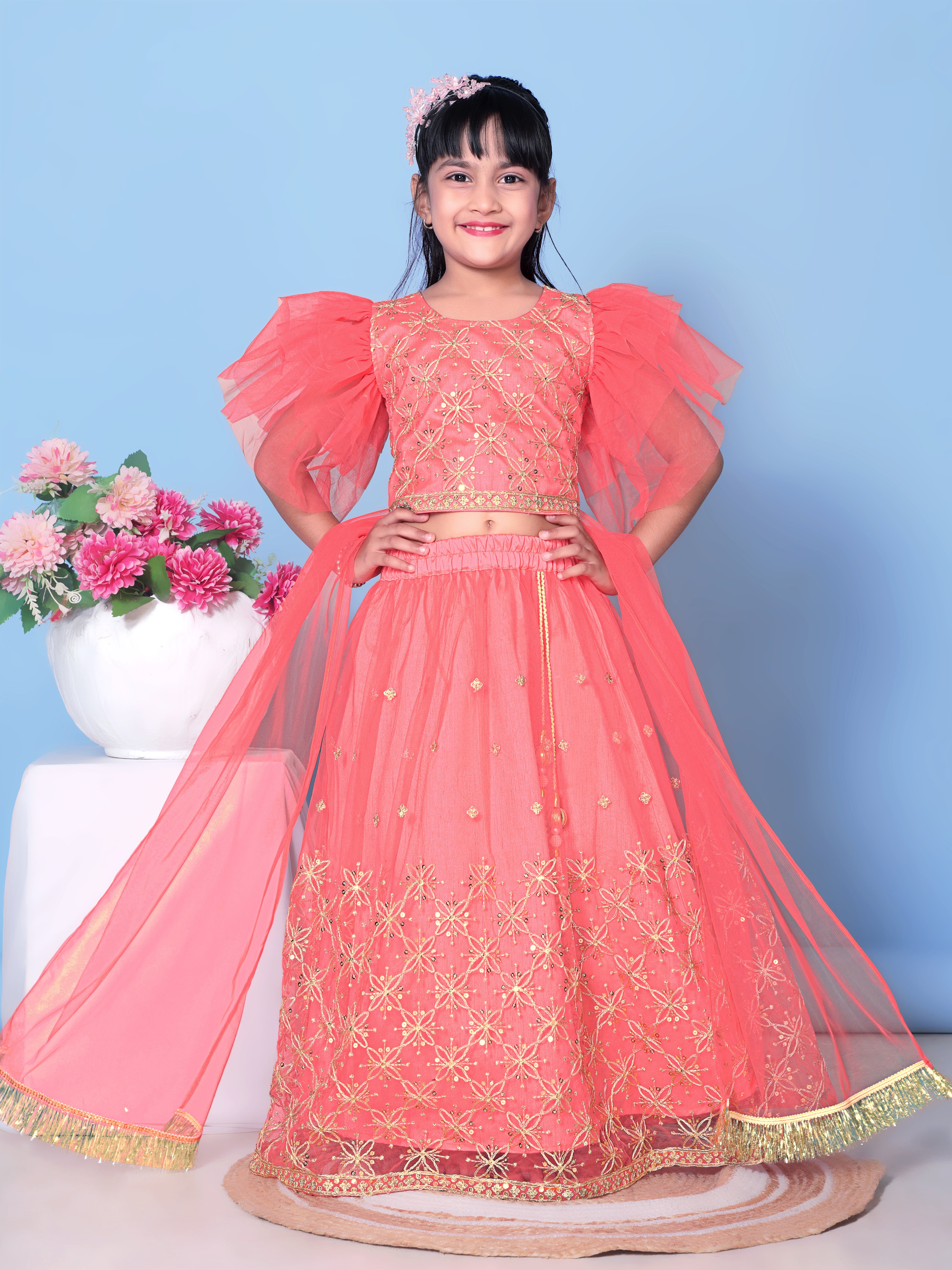 Girls Net Lehenga Choli Embroidered Party Wear Ethnic Dress Kids Wedding