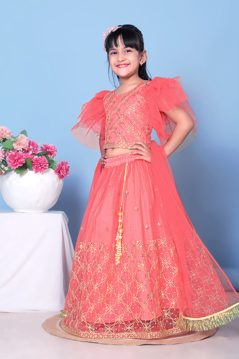 Girls Net Lehenga Choli Embroidered Party Wear Ethnic Dress Kids Wedding