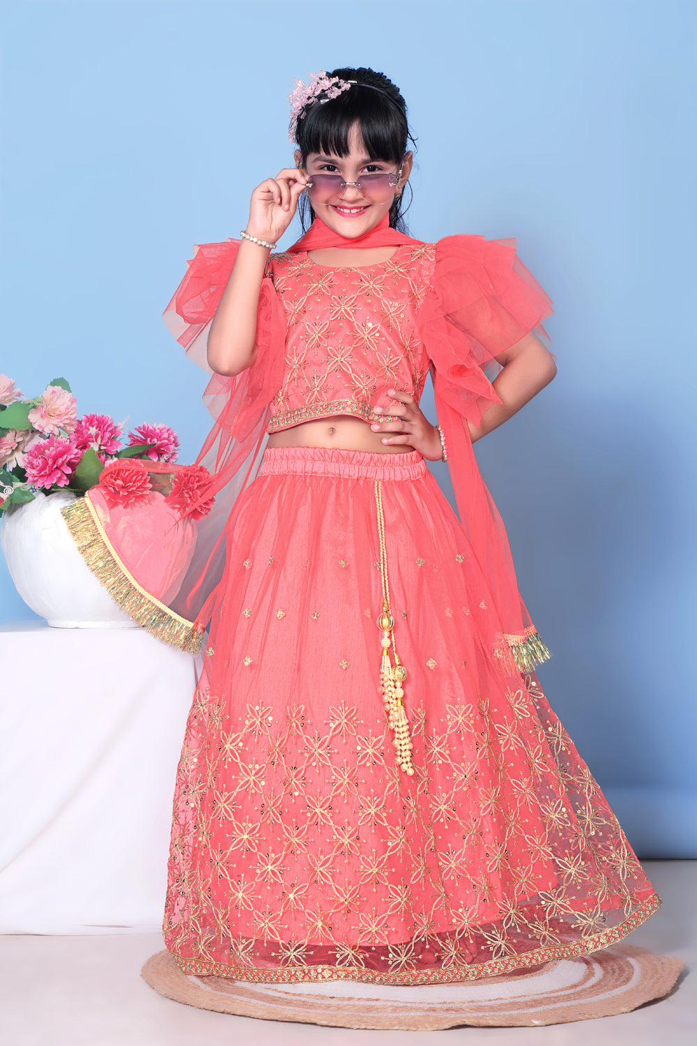 Girls Net Lehenga Choli Embroidered Party Wear Ethnic Dress Kids Wedding