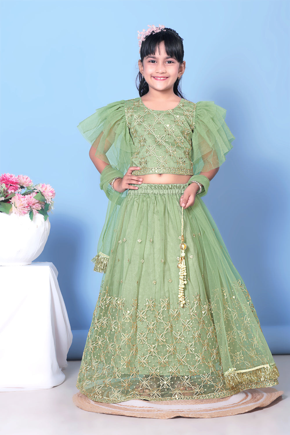 Girls Net Lehenga Choli Embroidered Party Wear Ethnic Dress Kids Wedding