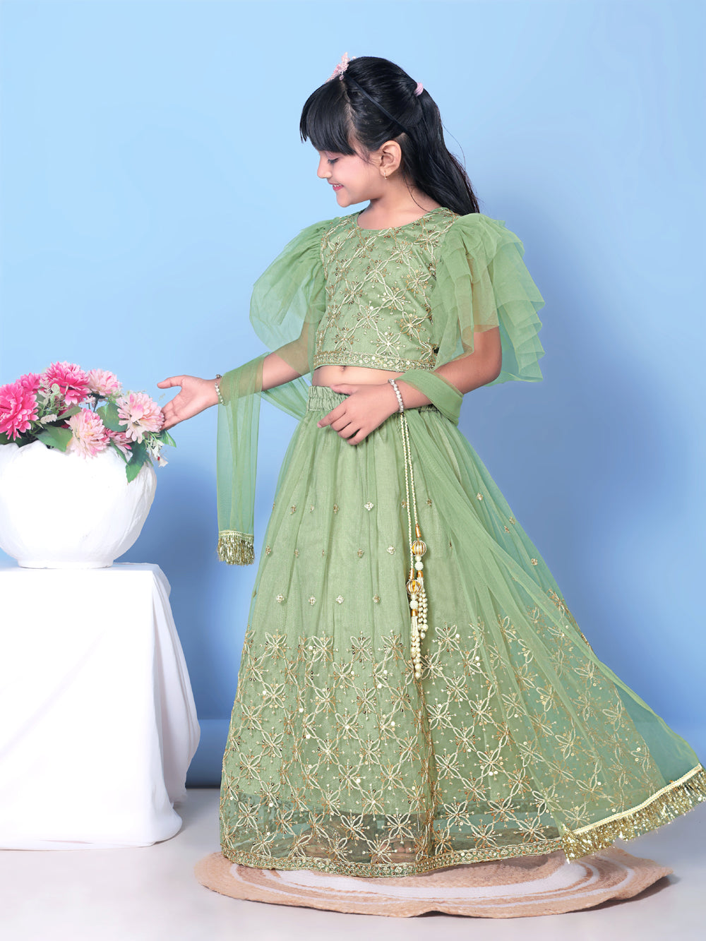 Girls Net Lehenga Choli Embroidered Party Wear Ethnic Dress Kids Wedding